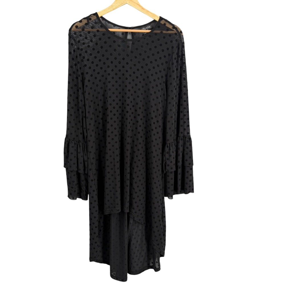 City Chic Black Sheer Polka Dot Dress‎ Size 18 Bell Sleeve High Low Hem